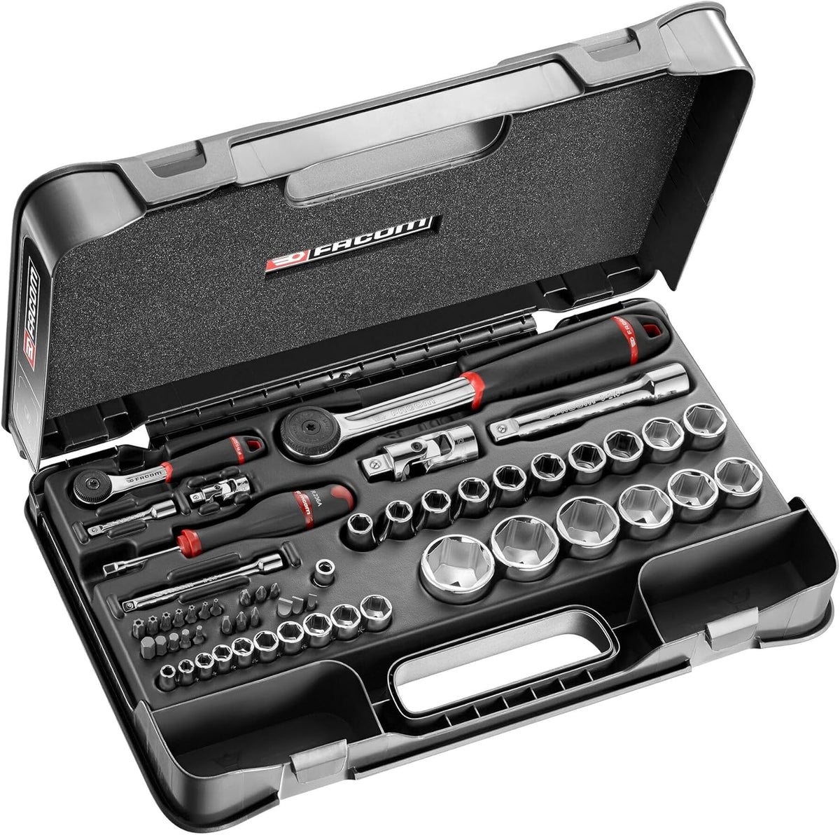 FACOM RS 161 2 coffret cliquets douilles embouts - 58 pièces acier inoxydable poli - entraînements un quart et un demi pouce - cliquets étanches MBOX couple 170 Nm