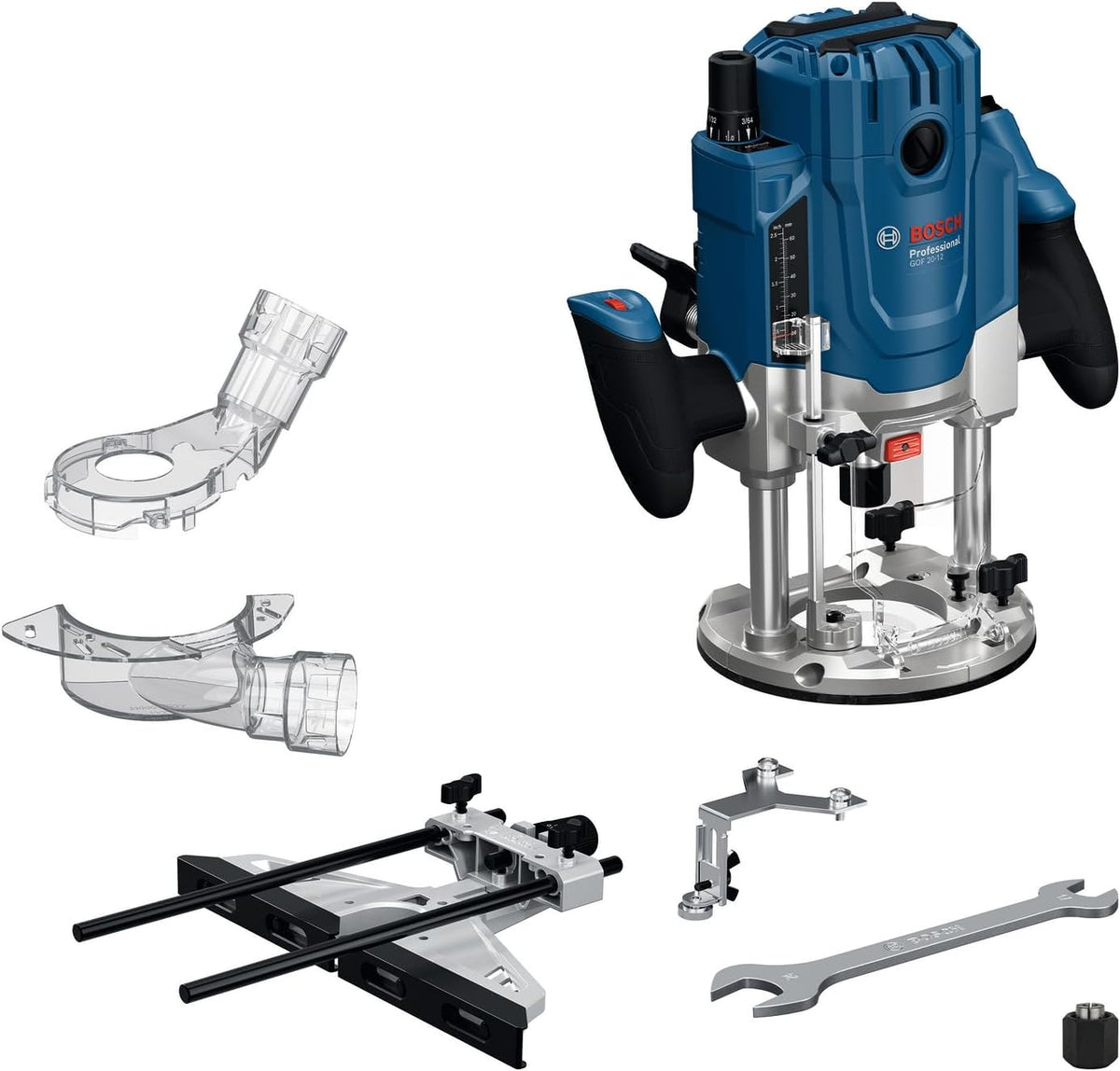 Bosch Professional GOF 20 12 Défonceuse filaire 2000 W - Base plongeante pour fraisage intensif - Raccord aspiration et guide coulissant - Butée parallèle et accessoires inclus