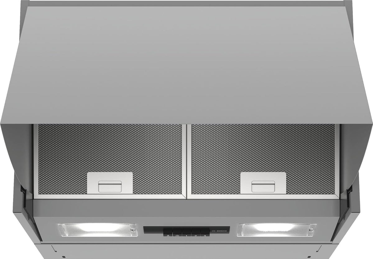 Bosch DEM66AC00 hotte escamotable Série 2 - largeur 60 cm débit 620 m3 h - 3 vitesses aspiration et LED - acier inoxydable argenté 256 W pièces lavables lave vaisselle