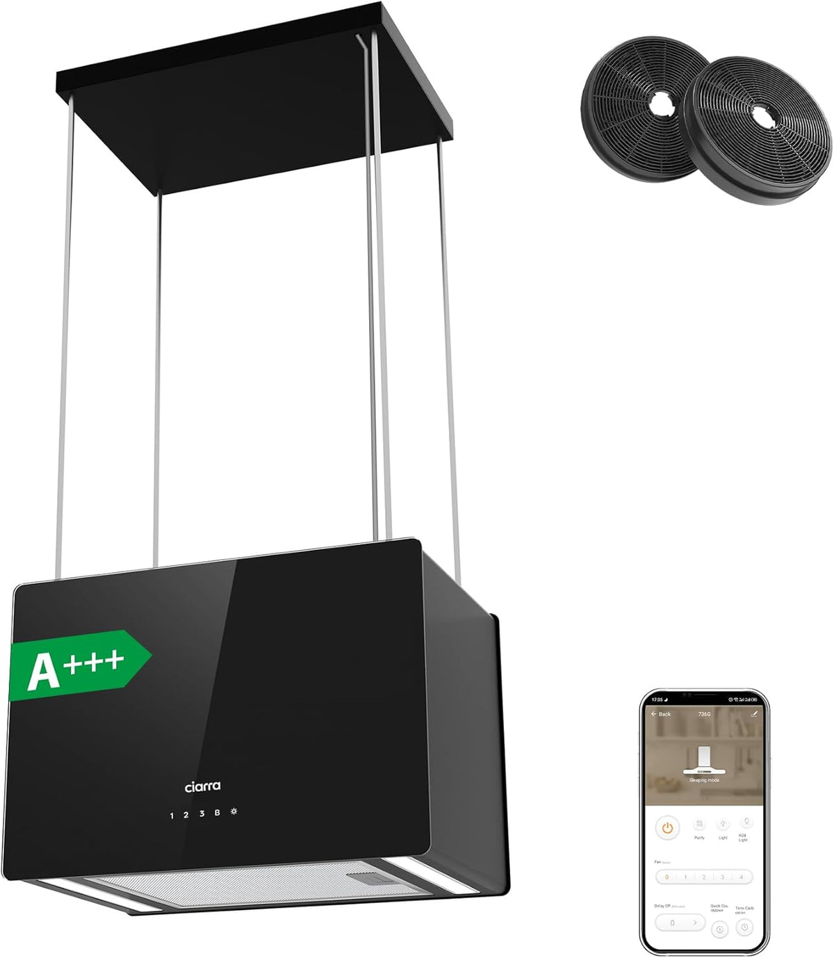 Ciarra CBCB4850 hotte îlot centrale 48 cm - Débit 700 m3/h - Filtre charbon inclus - WiFi et LED noir poli