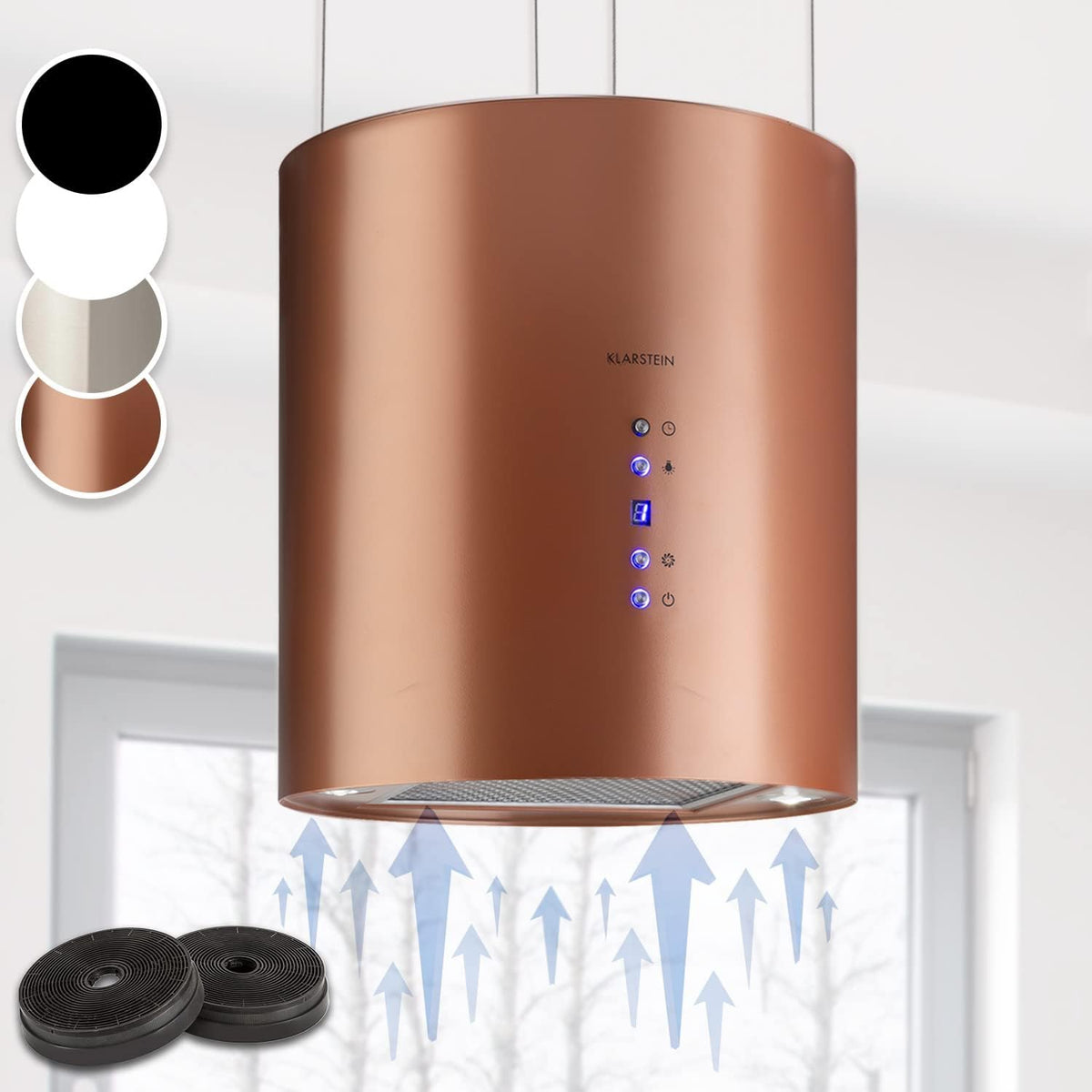 Klarstein Hotte îlot central cuivre - Débit jusqu à 560 m3 par h avec 3 modes - Recyclage sans évacuation avec filtres charbon - Minuteur et commande tactile suspendue