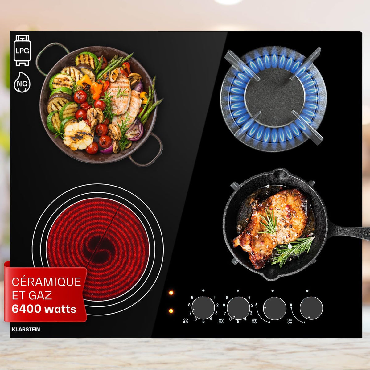 Klarstein Plaque de cuisson mixte 6400 W - 4 feux vitrocéramique et gaz - Surface noire avec fonte et verre céramique - Format encastrable 58,5 cm