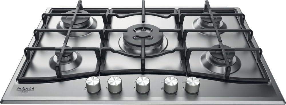 Hotpoint PCN751TIXHA plaque gaz - 5 feux surface acier inoxydable - allumage électronique sous bouton - table de cuisson gaz naturel pour grande cuisine familiale