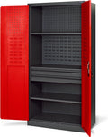 Jan Nowak TC02AM Armoire à outils anthracite rouge - 185 x 92 x 50 cm avec 2 tiroirs - 3 étagères réglables et portes battantes - Meuble métal pour garage et atelier