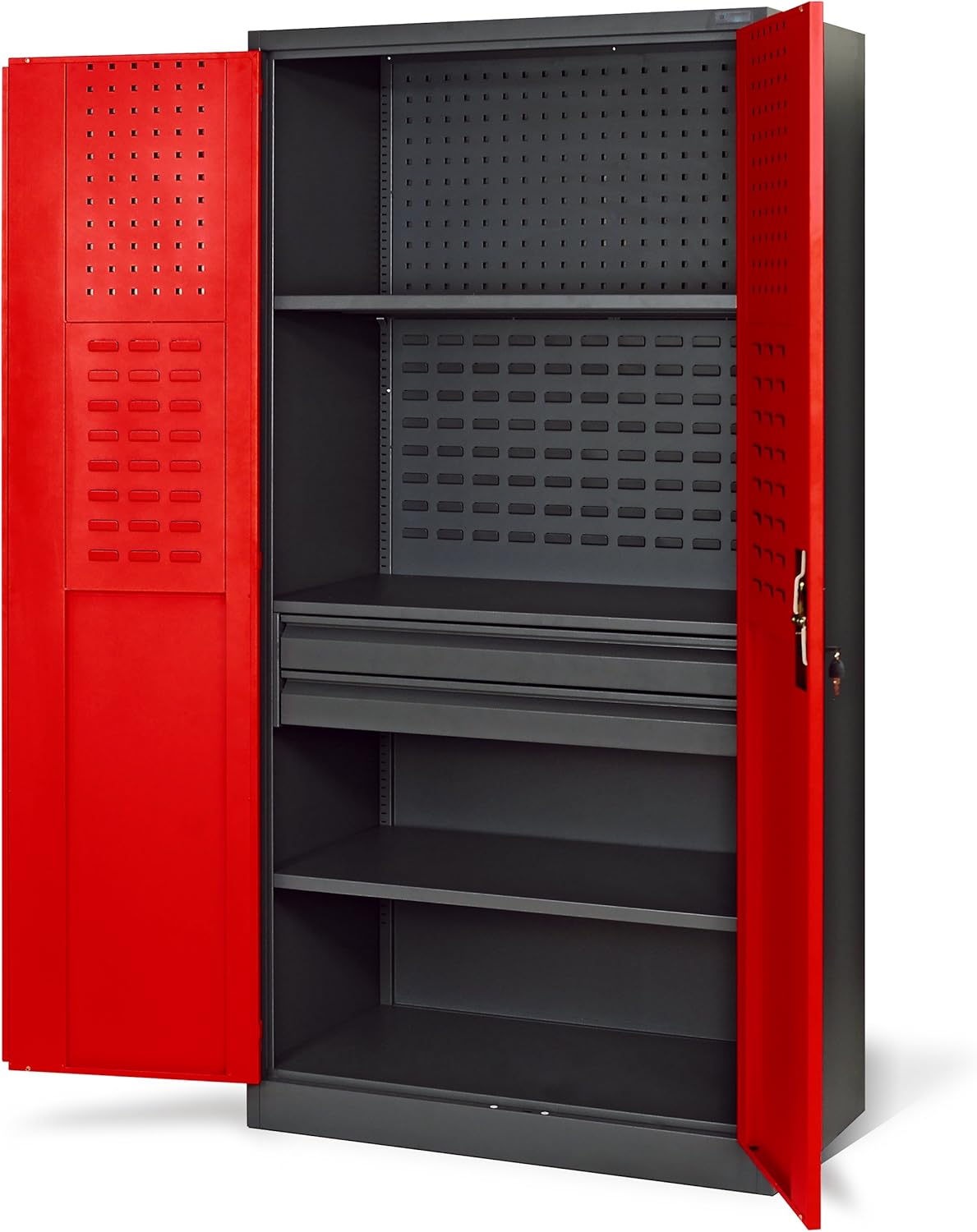 Jan Nowak TC02AM Armoire à outils anthracite rouge - 185 x 92 x 50 cm avec 2 tiroirs - 3 étagères réglables et portes battantes - Meuble métal pour garage et atelier