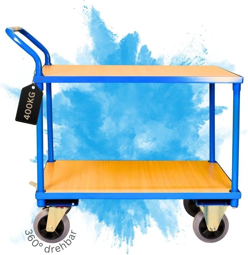 PROREGAL chariot de service professionnel 2 plateaux - Charge maximale 400 kg dimensions 95 x 50 x 97 cm - Structure métal et bois - 4 roues caoutchouc bleu clair