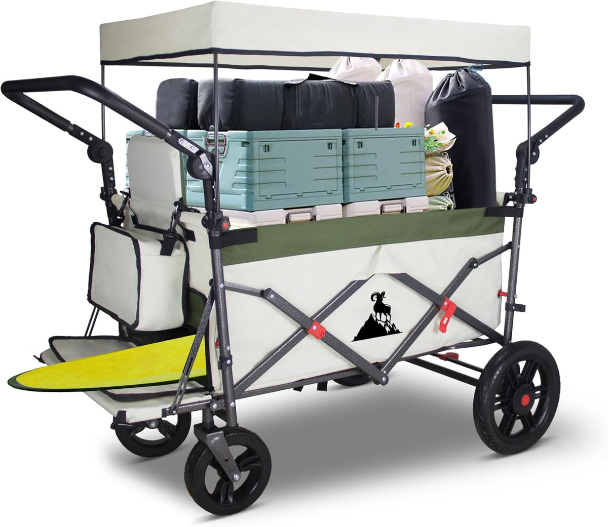 TOPWELL Chariot de transport pliable 180 l - Charge jusqu à 120 kg avec 2 sièges pliables - Toit freins et 4 roues polyuréthane - Format extra long vert beige pour extérieur