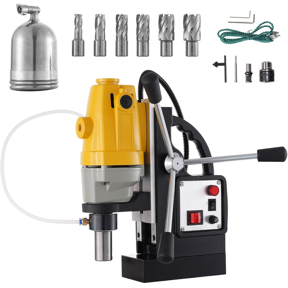 RICHRICH MD40 Perceuse magnétique 1100 W - Force magnétique 12000 N et alésage 40 mm - 6 fraises annulaires HSS incluses - Système portable pour construction métal