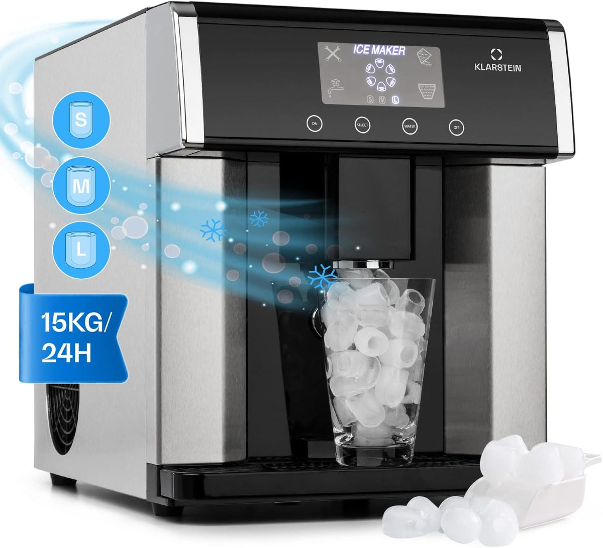 Klarstein Eiszeit Crush Machine à glaçons 3 L - Production jusqu à 15 kg de glace - Trois tailles de glaçons en forme de balle - Alarme intégrée et entretien facile