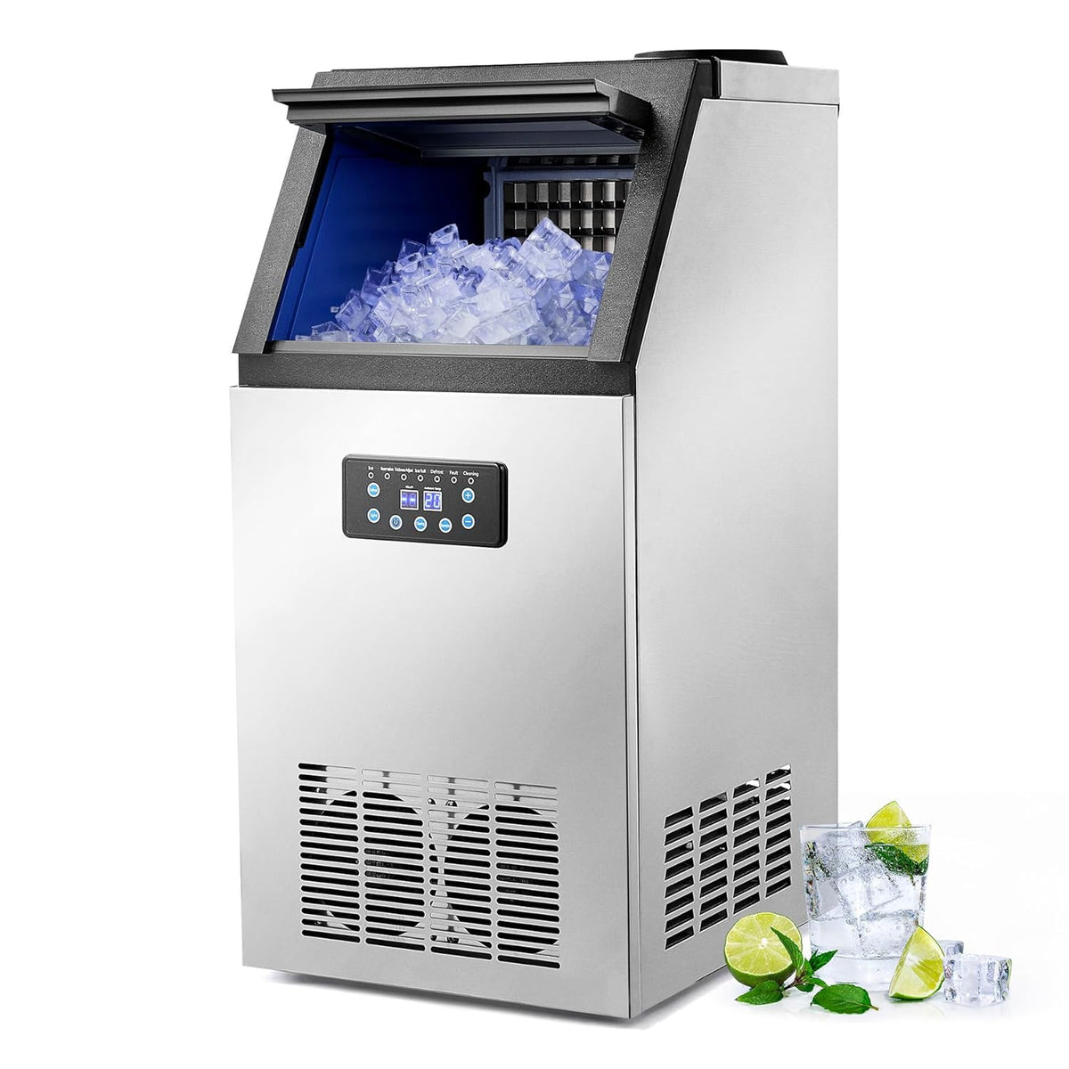 CREWORKS Machine à glaçons commerciale 480 W - Production jusqu à 58 kg par 24 h - Stockage jusqu à 10 kg et 36 glaçons par cycle - Écran LCD pour bar restaurant café