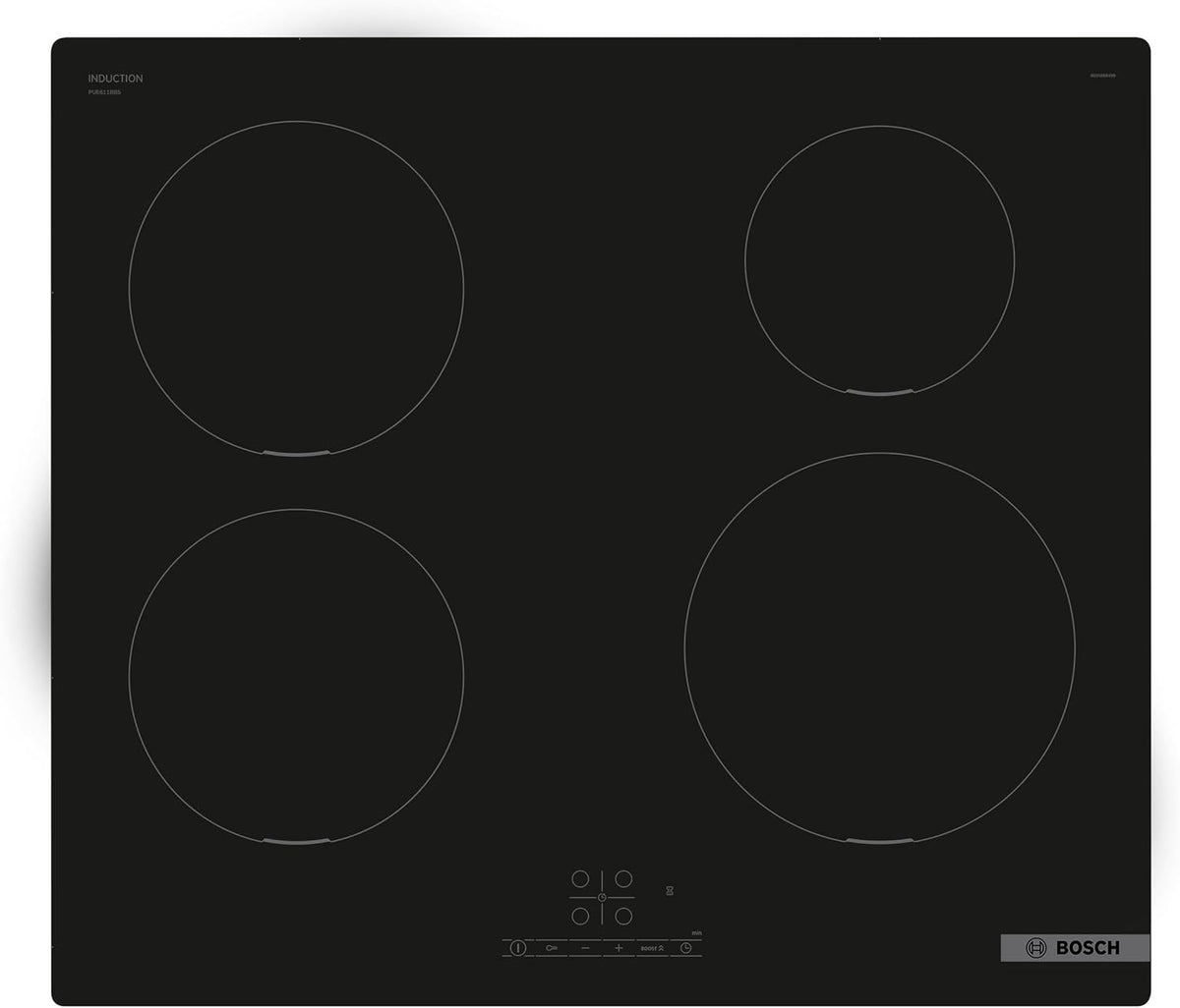Bosch PUE611BB5E Série 4 - Plaque induction 4 foyers 60 cm 4600 W - Minuterie programmation et verrou sécurité - Surface céramique noire pour cuisine