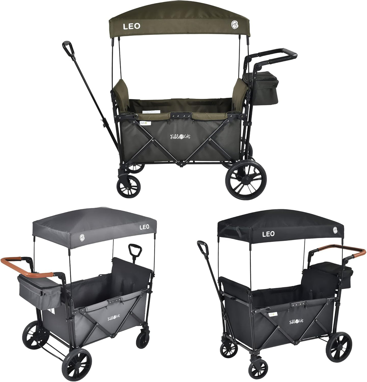FableKids Leo X2Lite Chariot pliable 2 places - Toit et harnais 5 points pour enfants - Roues 360 degrés sac arrière - Tissu Oxford 600D vert Safari housse antipoussière