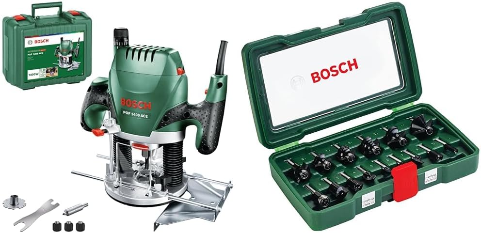 Bosch POF 1400 ACE - Défonceuse plongeante 1400 W avec régulation électronique - Réglage profondeur et éclairage - Coffret 15 fraises carbure bois queue 6,35 mm