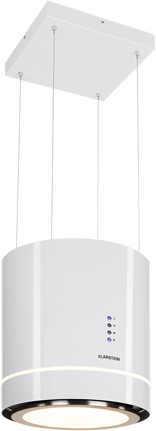 Klarstein Tron Ambience Hotte suspendue blanche - Débit 540 m3 par h avec 3 niveaux - Recyclage sans évacuation avec 2 filtres charbon - Anneau LED et commande tactile