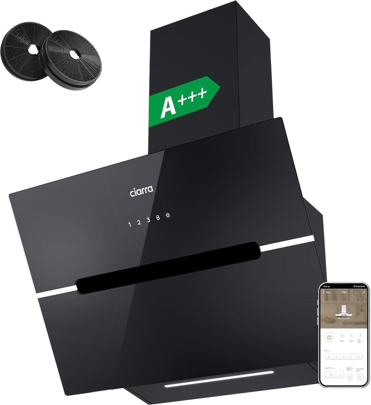 Ciarra CBCB6736F hotte inclinée 60 cm - débit 650 m3 h classe A+++ - commande tactile WiFi et fonction Boost - verre noir LED filtre charbon pour montage mural