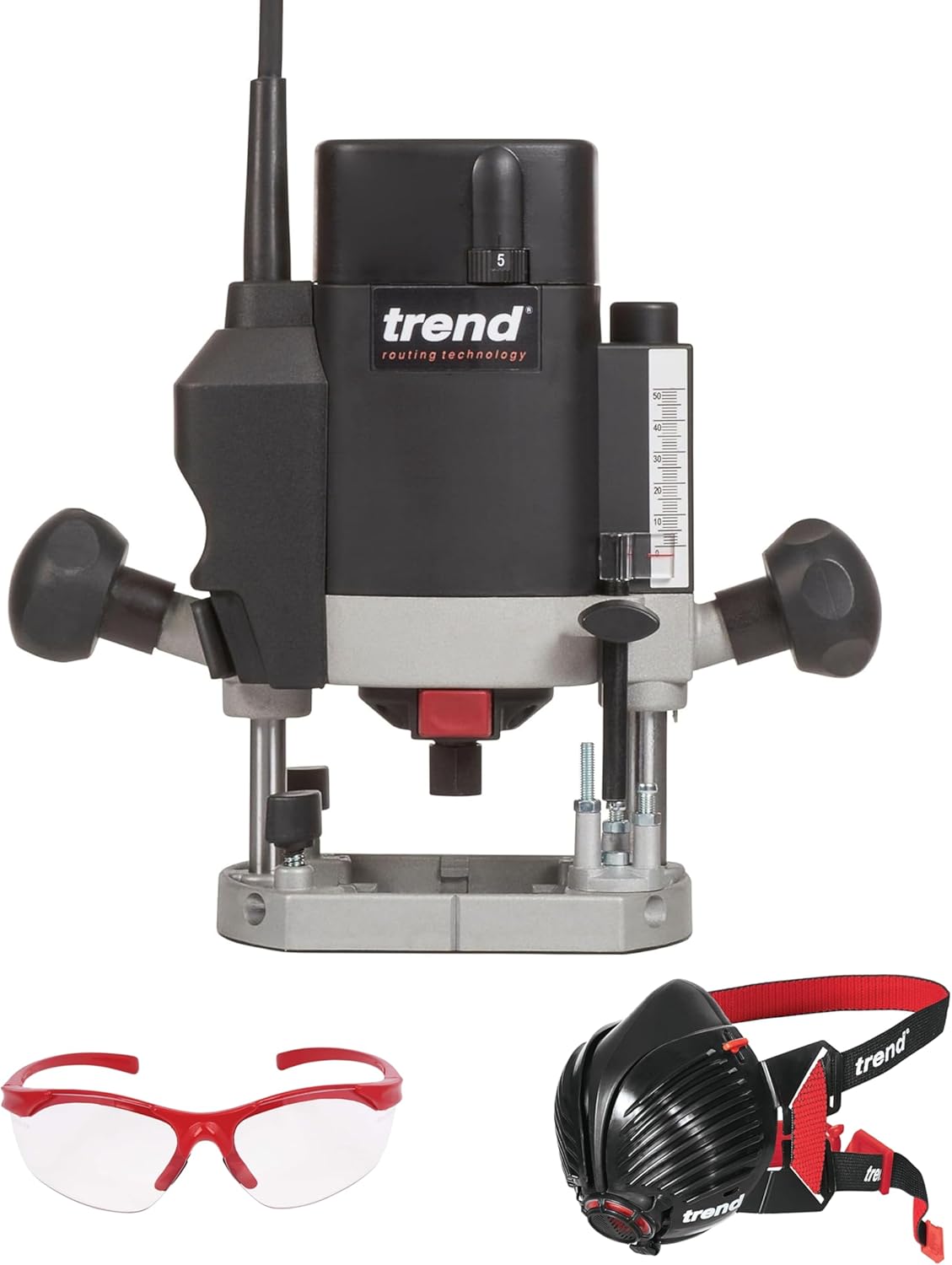 Trend T5EK MK2 EU Défonceuse plongeante 1000 W - Vitesse variable jusqu à 27000 tr min - Pince 8 mm alimentation 230 V - Masque antipoussière et lunettes de sécurité
