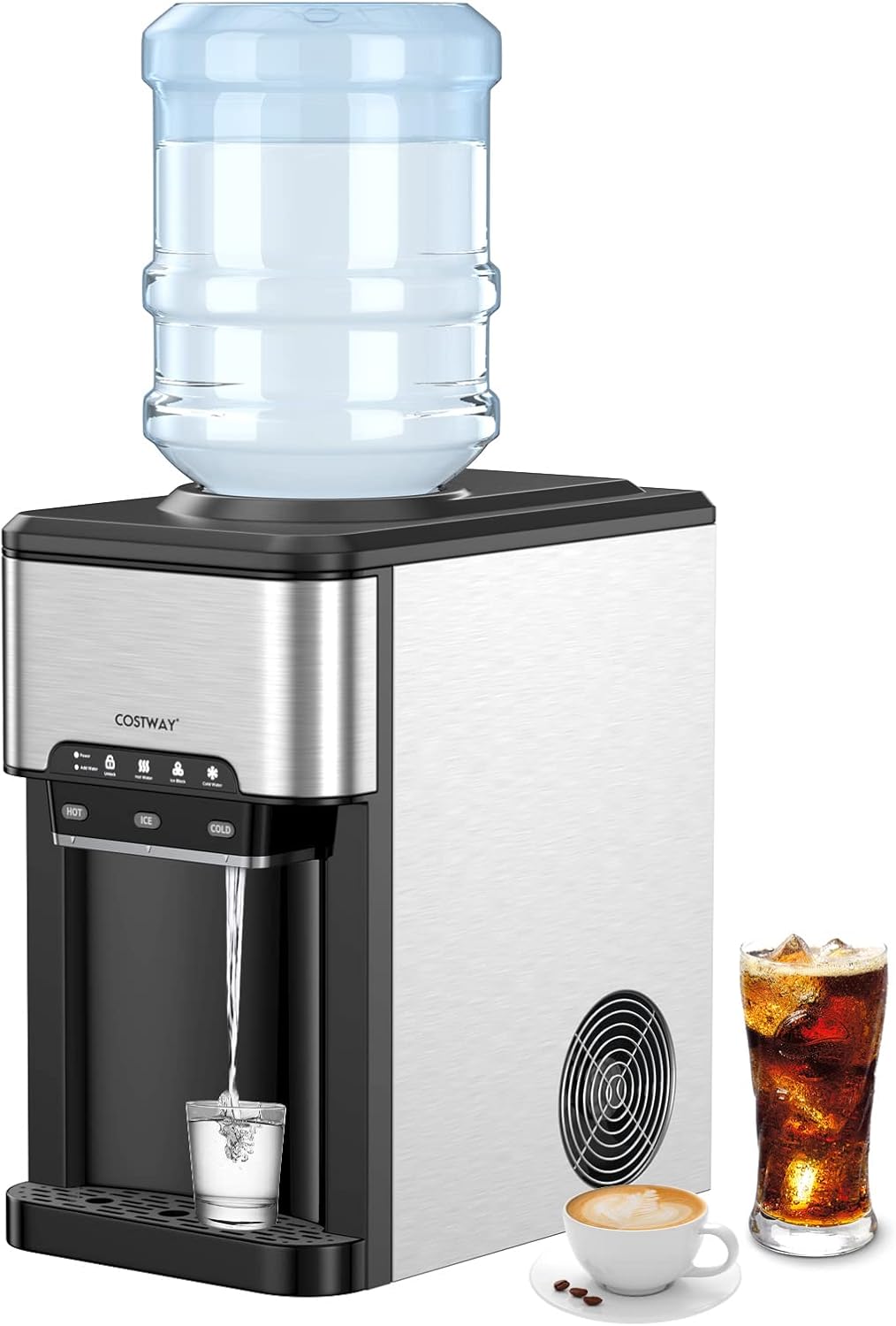 COSTWAY Machine à glaçons 3 en 1 avec fontaine à eau - Production jusqu à 19 kg par 24 h - Réservoir 1,5 L eau froide et chaude - Acier inoxydable noir