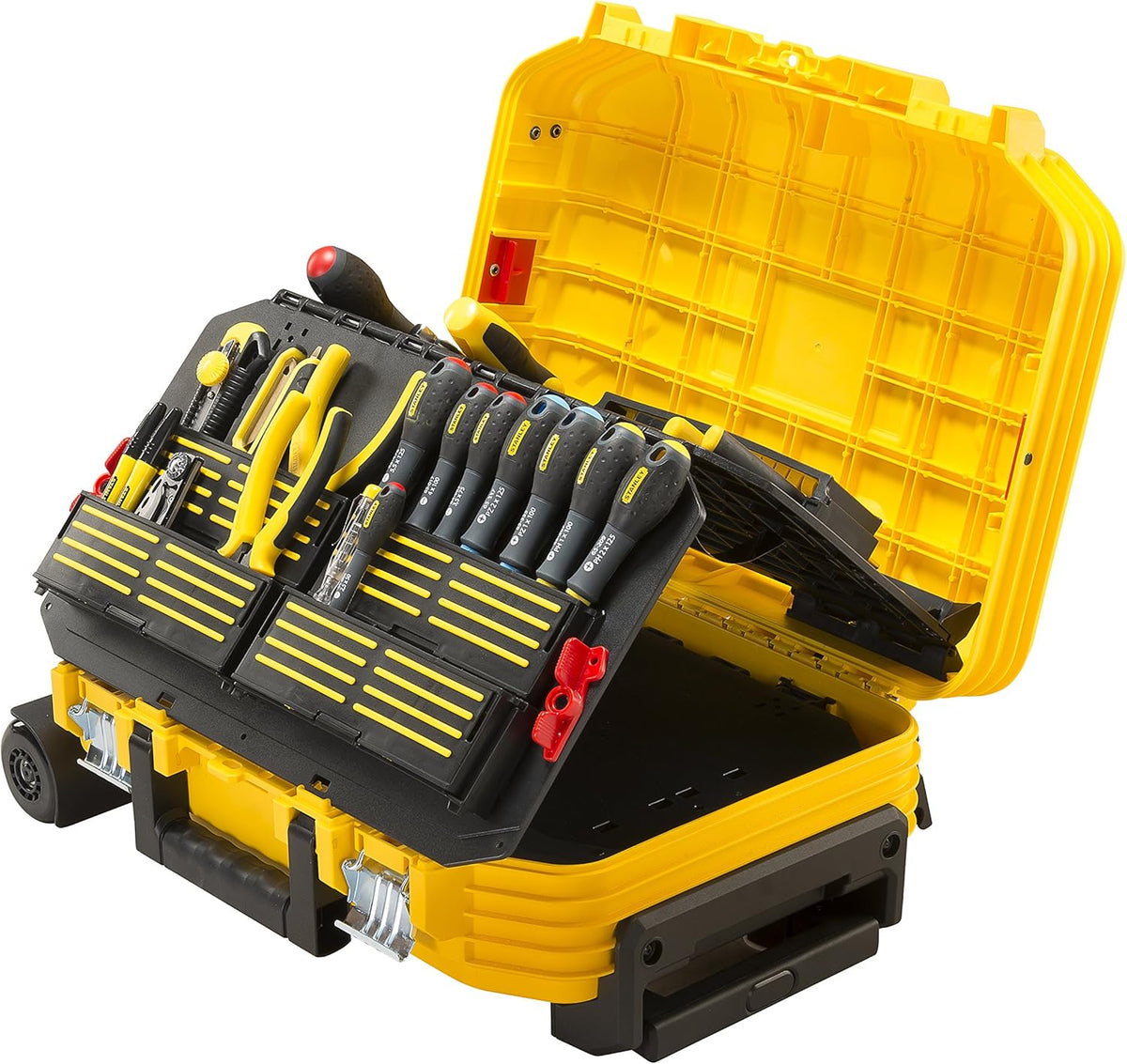 STANLEY FatMax FMST1 75530 valise à outils 104 pièces - Valise de maintenance à roulettes - Structure accordéon renforcée fibre de verre - Poignée télescopique
