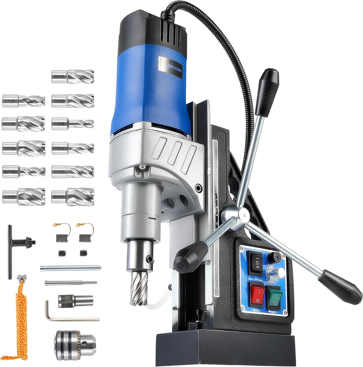 ZELCAN perceuse magnétique 1550 W - force 13900 N avec 11 forets - vitesse 580 tr min perçage 50 mm - profondeur 50 mm format portable 220 V poids 10,8 kg