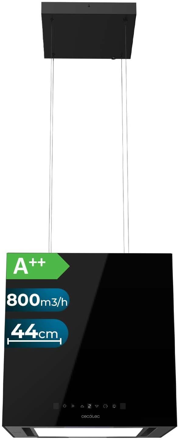 Cecotec Bolero Flux CCT 448000 Glass Black hotte aspirante îlot 44 cm - Verre noir - Débit 800 m3/h - Filtre charbon