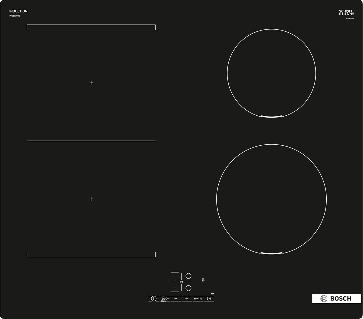 Bosch PVS611BB6E plaque induction Série 4 - 4 zones largeur 60 cm - puissance 6900 W surface vitrocéramique noire - minuterie pour cuisine encastrée électrique
