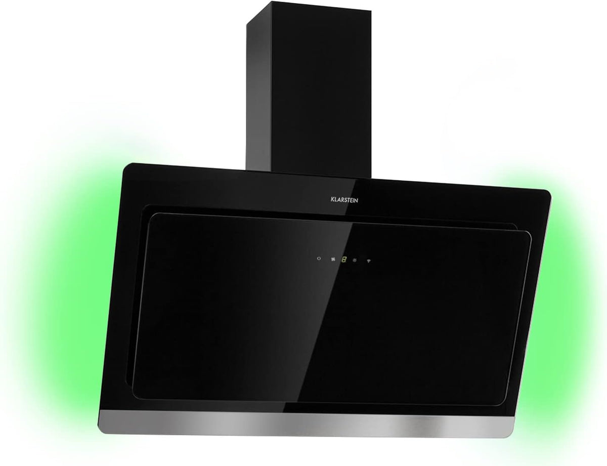 Klarstein Hotte inclinée 90 cm noire - Débit 563 m3 par h avec classe énergie A - Commande tactile WiFi et LED RGB - Modèle mural avec évacuation