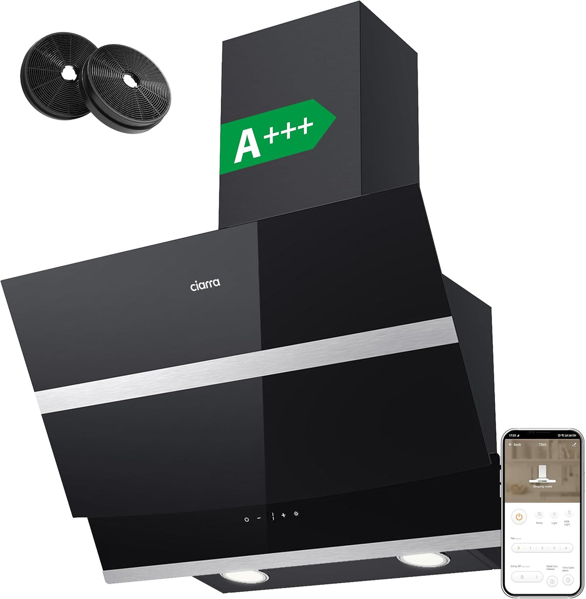 CIARRA ASB6736N hotte aspirante inclinée 60 cm - Classe A+++ - Débit 650 m3/h - WiFi tactile LED avec filtre charbon