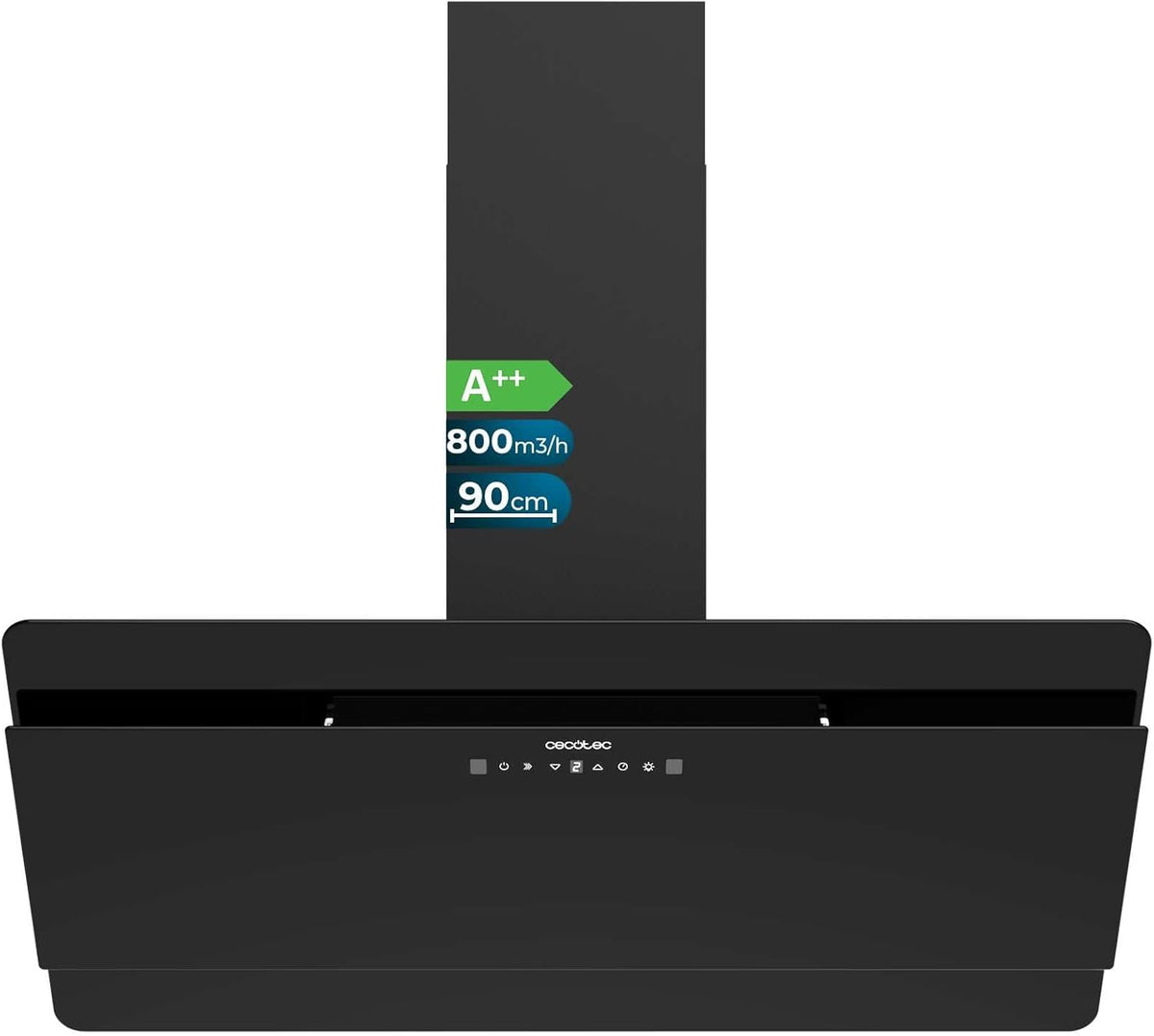 Cecotec Bolero Flux DT 908000 Glass Black Hotte 90 cm - Débit 800 m3 par h avec 3 niveaux et Booster - Commande tactile LED - Façade verre noir classe A++