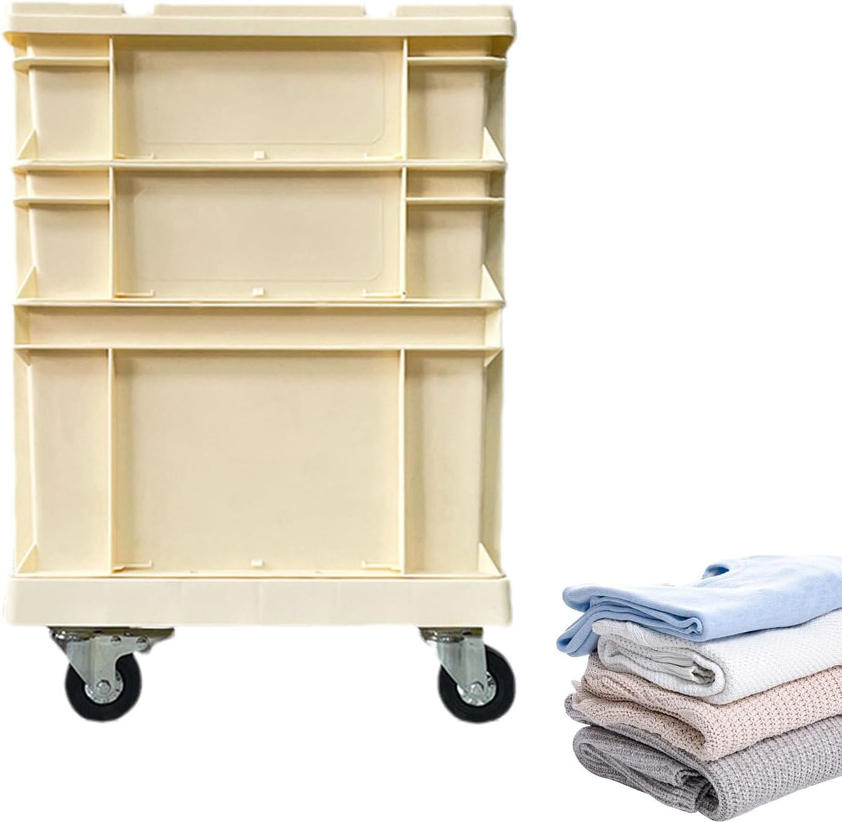 Bac de rangement empilable à roulettes crème - Format 47 x 37 x 28 cm en acacia - Conteneur mobile avec couvercle - Pour garage bureau outils jouets et déménagement