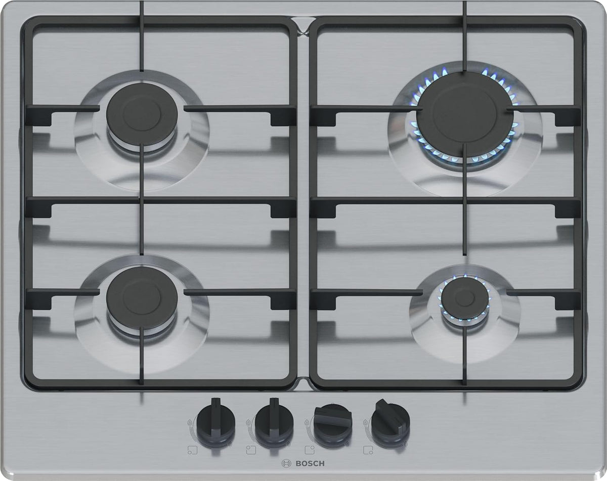 Bosch PGP6B5K60 Série 4 Plaque gaz 60 cm - 4 foyers avec commandes ergonomiques - Finition inox pour cuisine moderne - Table de cuisson gaz naturel poids 8 kg