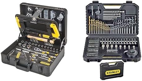 STANLEY - Valise maintenance 142 pièces avec outils et accessoires - Pinces tournevis scie cutter niveau et mesure - Lot 100 forets pour serrage perçage et bricolage