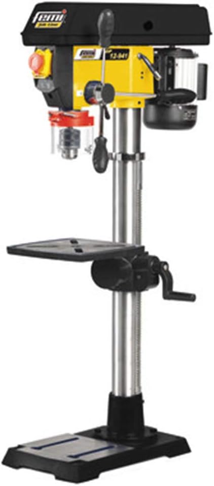 FEMI perceuse à colonne établi 460 W - vitesse 1400 tr min mandrin à clé 3 à 16 mm - plateau travail inclinable - structure métal compacte jaune noir