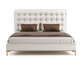 Lit double - cuir synthétique-métal-bois - 208x168x124 cm - blanc-doré - style capitonné