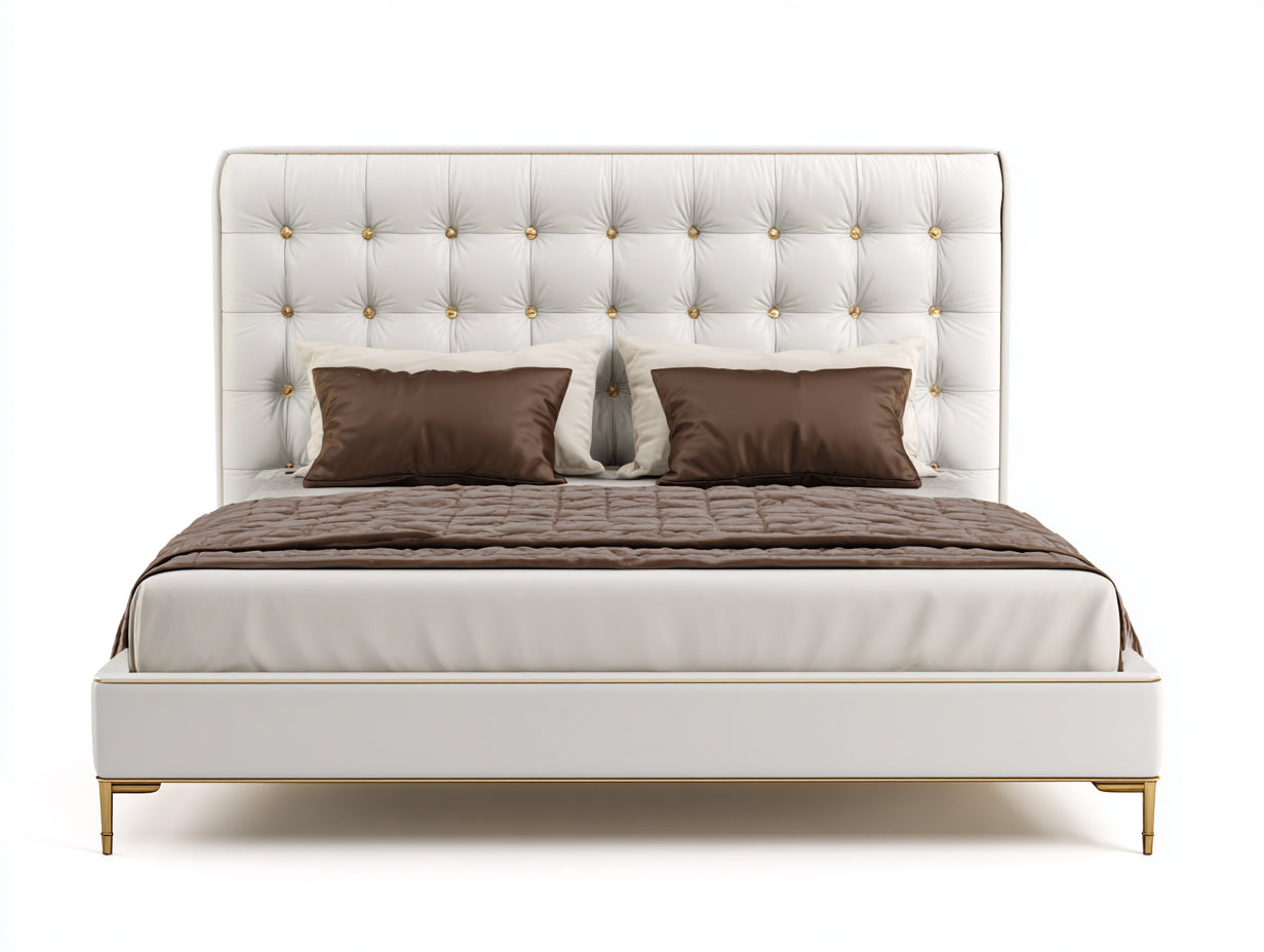Lit double - cuir synthétique-métal-bois - 208x168x124 cm - blanc-doré - style capitonné