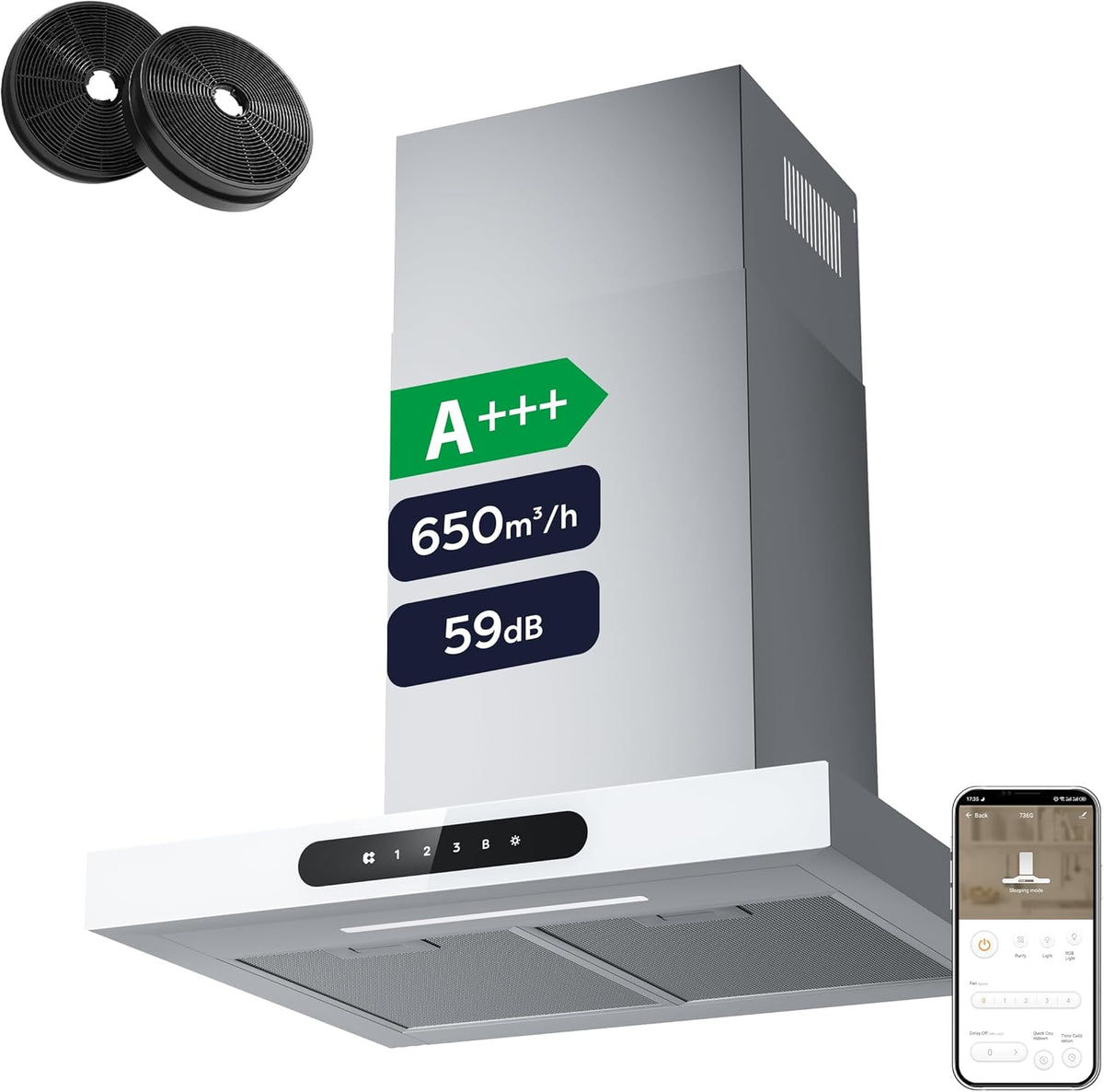 Ciarra CBCW6102 - Hotte aspirante décorative murale 60 cm 650 m3 h - WiFi tactile 4 vitesses Boost LED filtre charbon - Recyclage ou évacuation blanche classe A+++