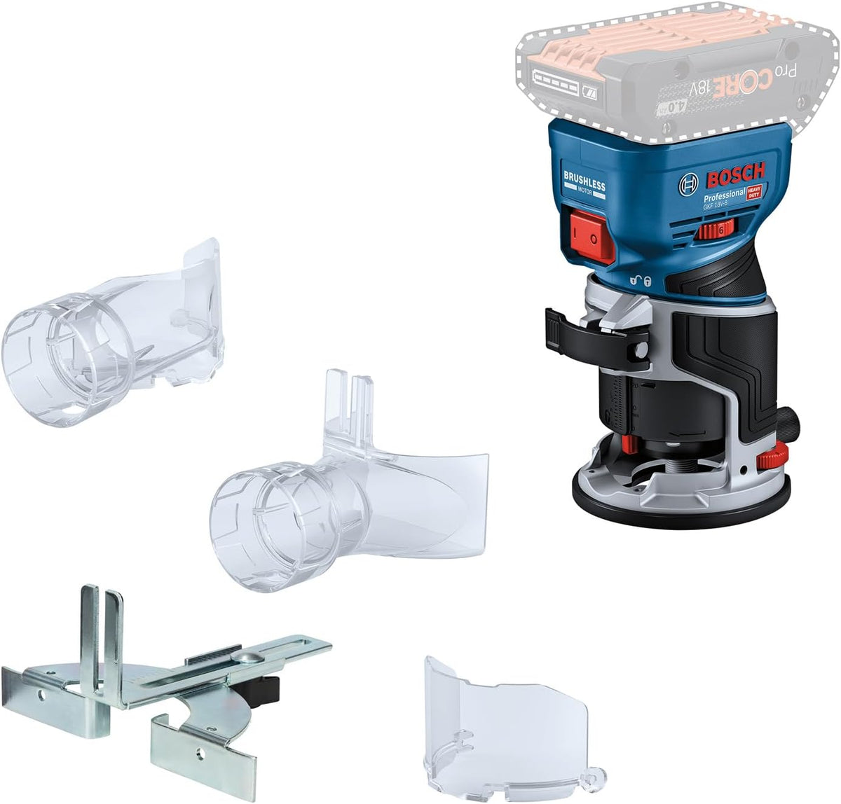 Bosch Professional GKF 18V 8 défonceuse portative - Outil sans fil 18 V avec base fixe - Pince 8 mm et butée longitudinale - Adaptateurs aspiration sans batterie chargeur