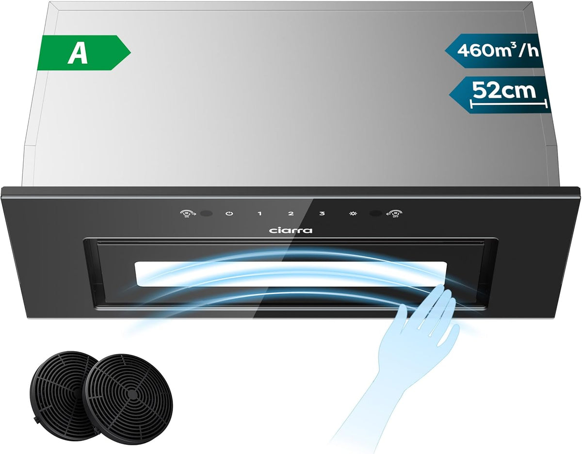 CIARRA CBCB5931B hotte aspirante encastrée 52 cm - Contrôle tactile et gestuel - 460 m3/h - Filtre charbon noir