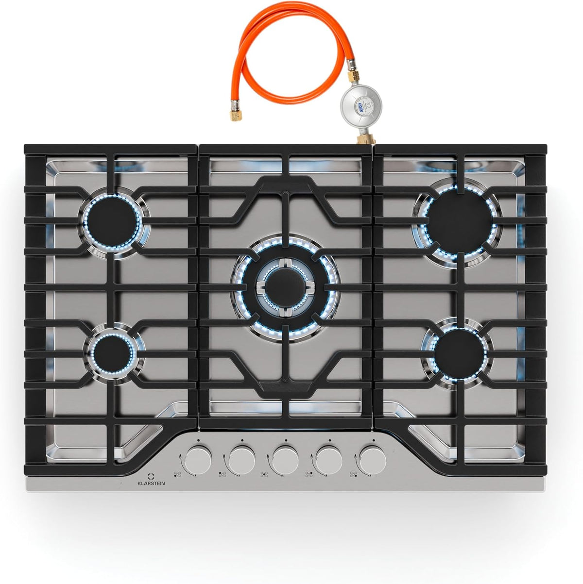 Klarstein Turbocast - Plaque gaz 5 brûleurs acier inoxydable 304 - Brûleur wok 3,4 kW supports fonte allumage électrique - Kit conversion GPL format 75 cm