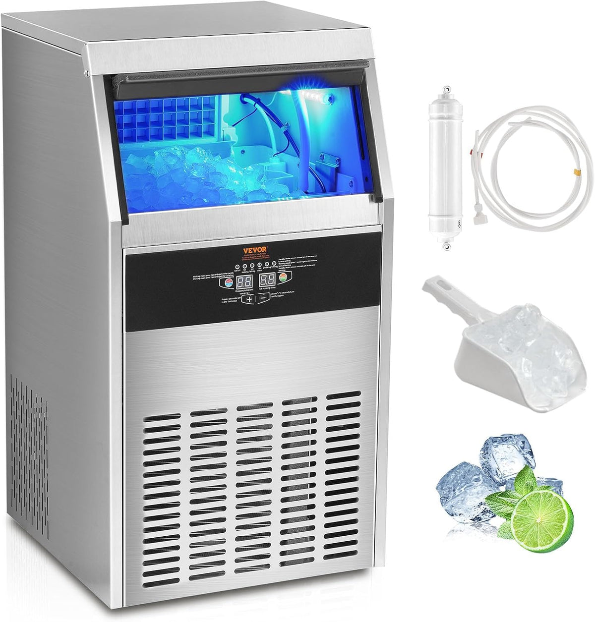 VEVOR machine à glaçons commerciale 47 kg par jour - Stockage 15 kg - 50 bacs à glaçons avec nettoyage automatique en acier inoxydable