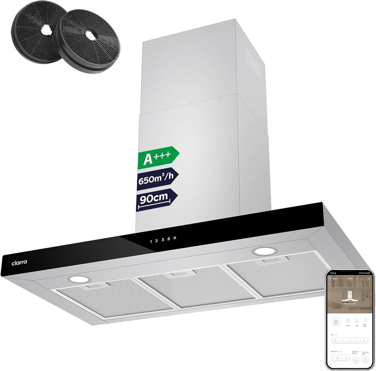 Ciarra CBCS9102 hotte aspirante murale 90 cm - Classe A+++ - Débit 650 m3/h - Fonction Boost avec WiFi et LED dimmable inox