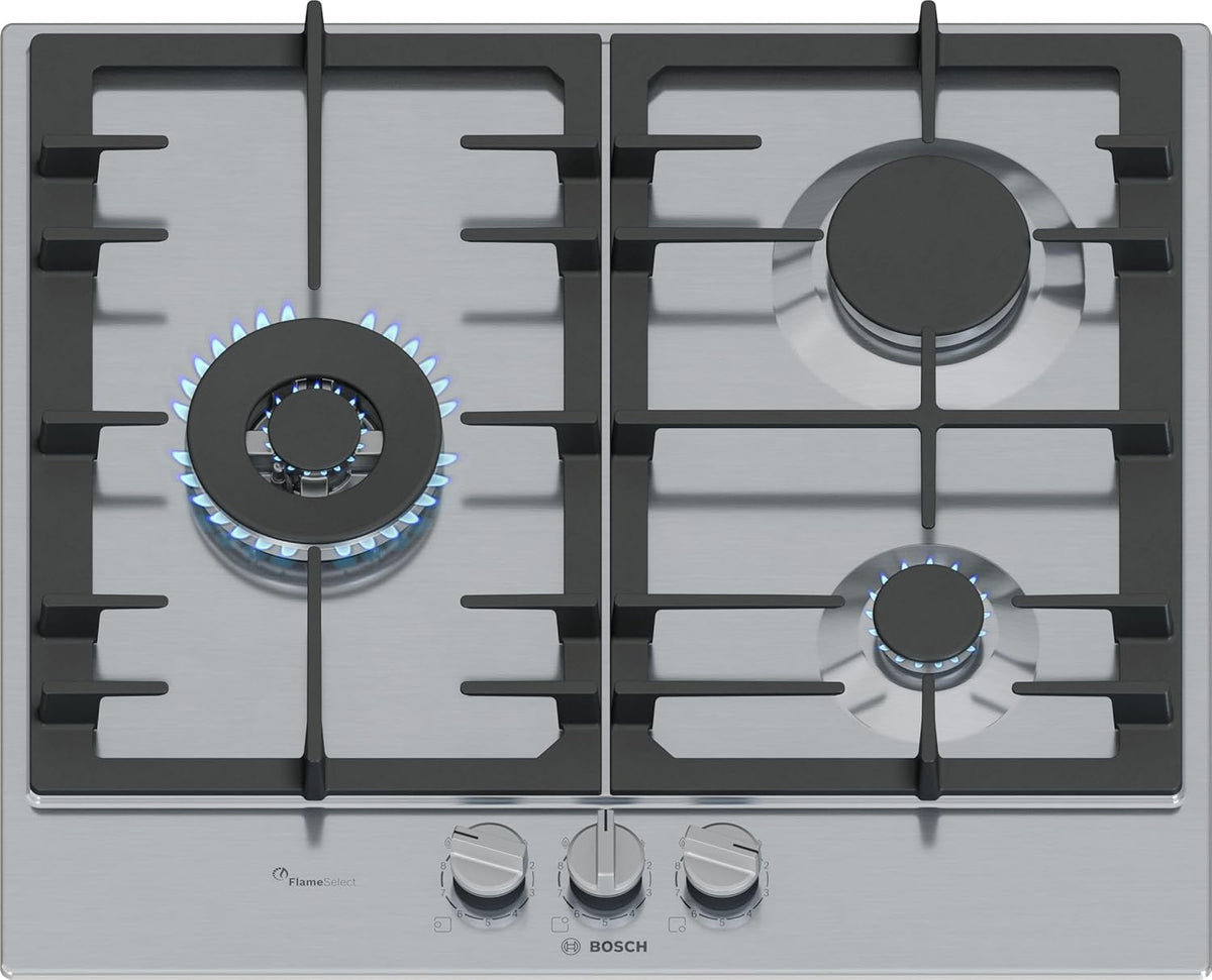 Bosch PCC6A5I90 plaque gaz Série 6 - 3 feux 60 cm - Table de cuisson inox avec commandes boutons