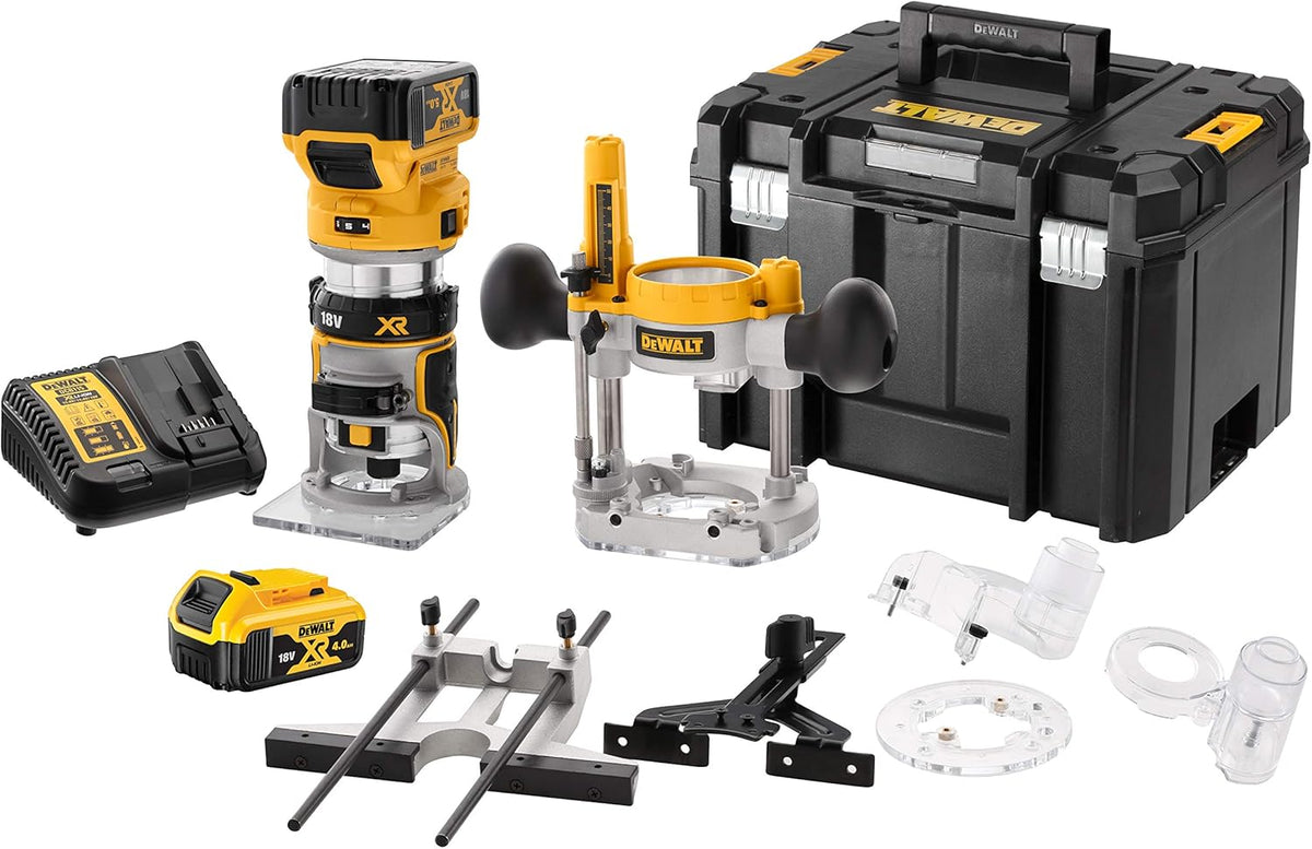 DEWALT DCW604P2 QW Kit affleureuse défonceuse XR 18 V - Moteur Brushless haut rendement - 2 batteries lithium ion 4 Ah incluses - Éclairage LED et accessoires