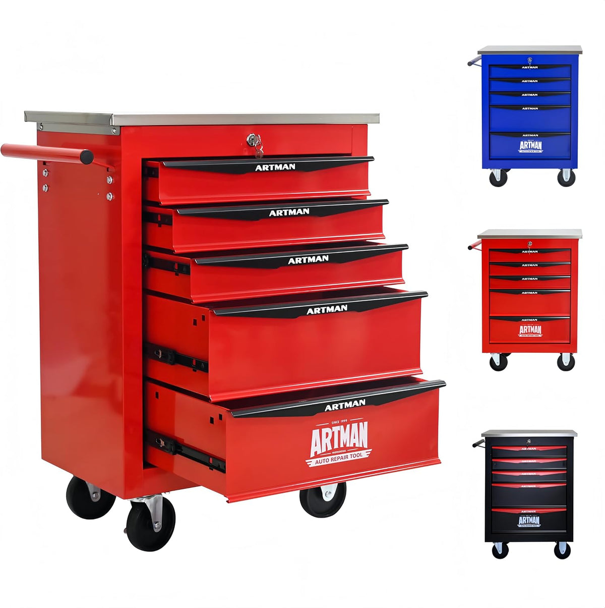 ELIHGTBY servante d'atelier vide 5 tiroirs - Chariot à outils mobile en métal - Verrouillage centralisé et roulettes - Armoire garage rouge et noire résistante aux rayures