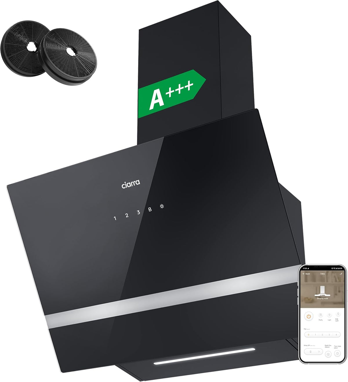 Ciarra CBCB6736H hotte inclinée 60 cm - débit 650 m3 h classe A+++ - WiFi tactile 4 vitesses avec Boost - LED dimmable filtre charbon noir montage mural