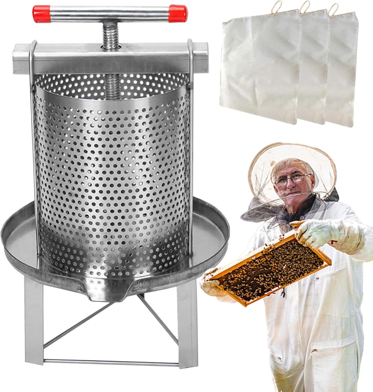 HunicandIU Essoreuse à miel manuelle argentée - Trois filtres et presse miel en acier inoxydable - Tambour 56,3 x 37,3 x 37 cm - Pour miel vin cire et fruits