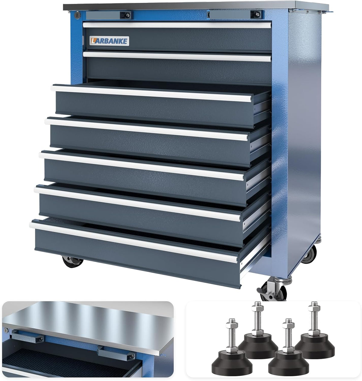 LARBANKE coffre à outils roulant - 7 tiroirs verrouillables finition bleue - acier inoxydable et acier allié - dimensions 65,7 x 34,5 x 73,6 cm avec roues