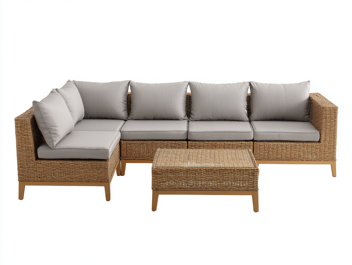 Canapé de jardin - Résine tressée-Tissu - 260x180x84 cm - Gris clair-Beige naturel - Contemporain
