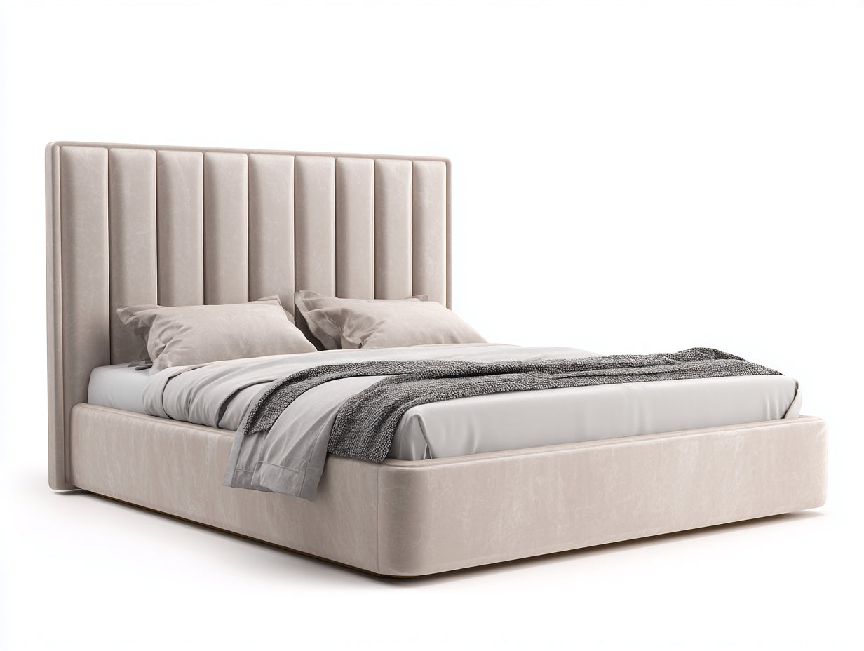Lit double - velours-bois - 208x168x120 cm - beige-blanc-gris - style moderne