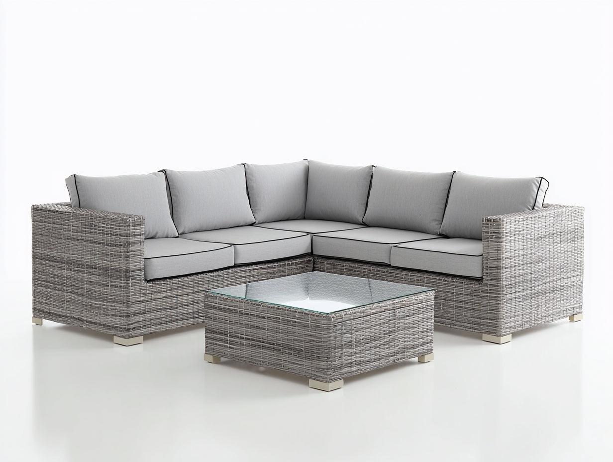 Canapé de jardin - Résine tressée-Tissu-Verre - 270x270x80 cm - Gris clair-Gris foncé - Contemporain