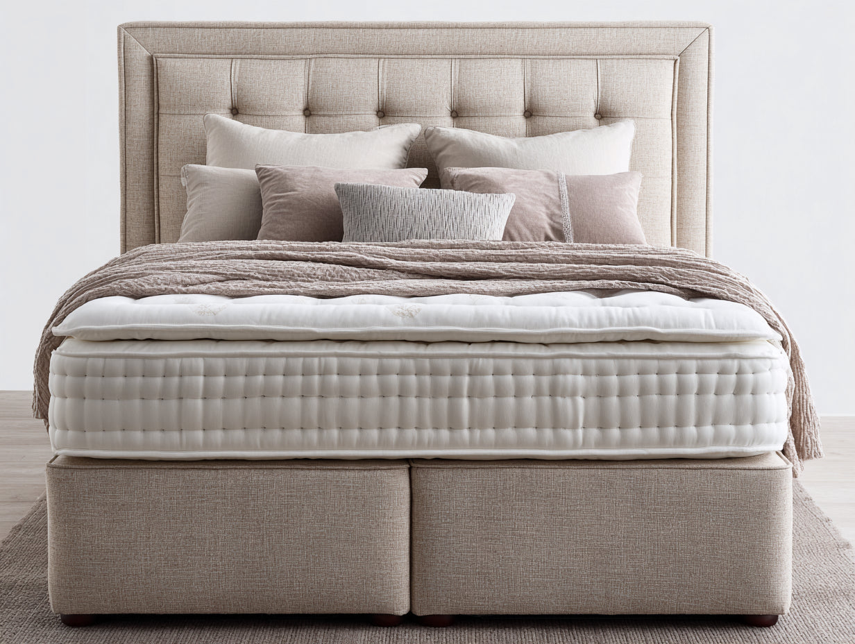 Lit double - tissu-bois - 208x168x122 cm - beige-blanc-marron - style capitonné